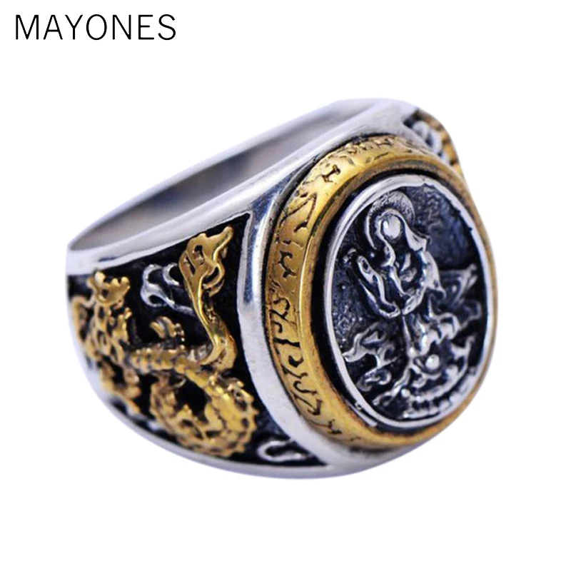 Real 925 Sterling Silver Buddha Figure Guanyin Carving Lotus Dragon Pure Gold Color Special Handmade Vintage Rings For Men | Украшения и