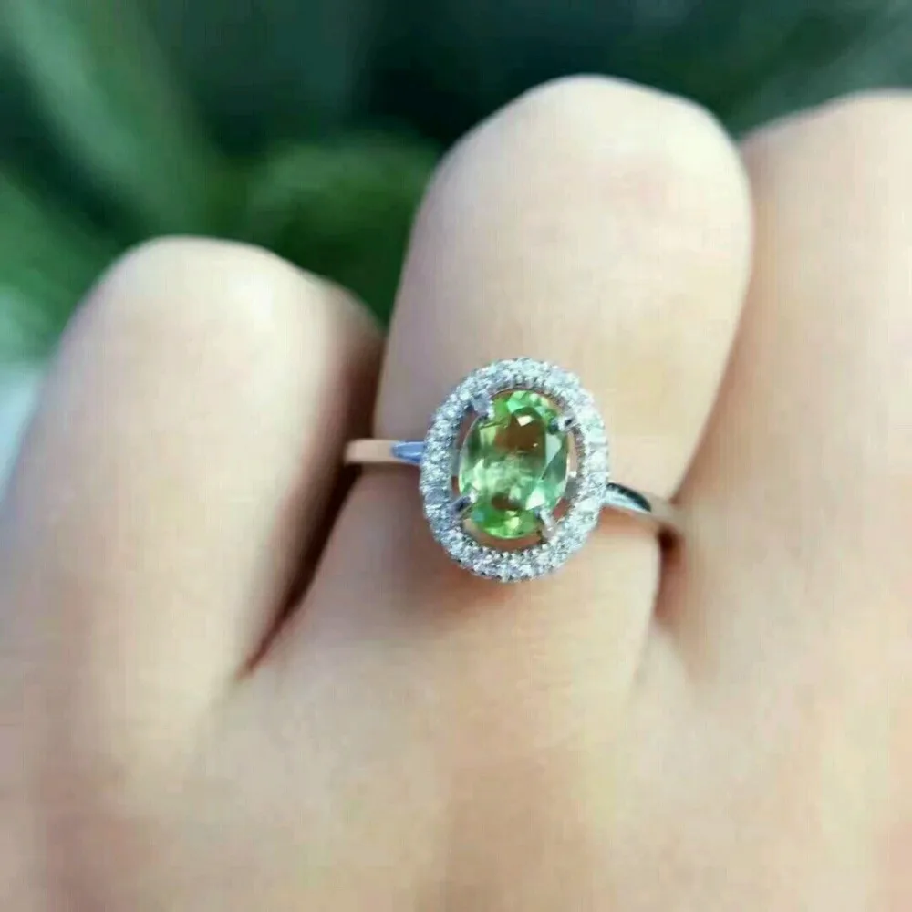 Natural green peridot gem Ring Natural olivine Ring S925 sterling silver Classic simple elegant round women
