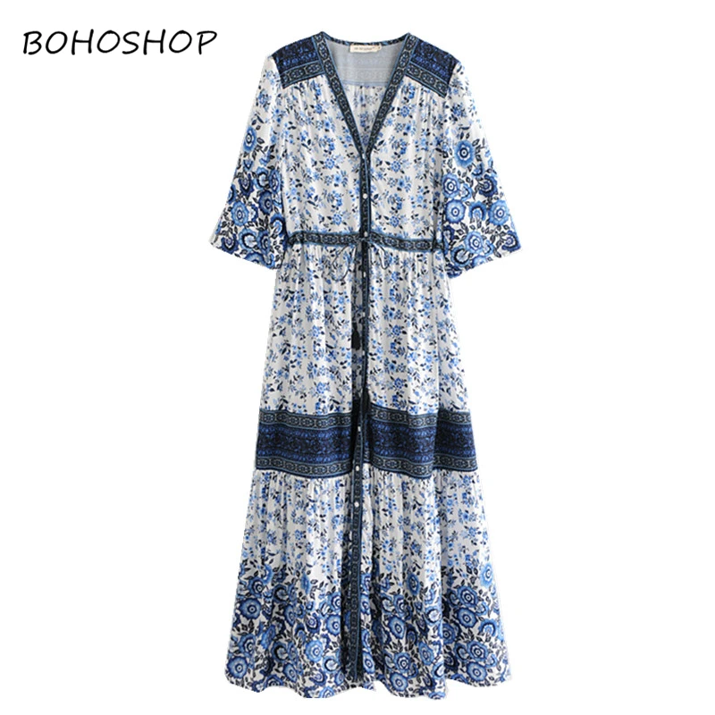 

Vintage Chic women Floral print bat sleeve beach Bohemian dress Ladies V neck Tassel rayon Summer Boho dress vestidos