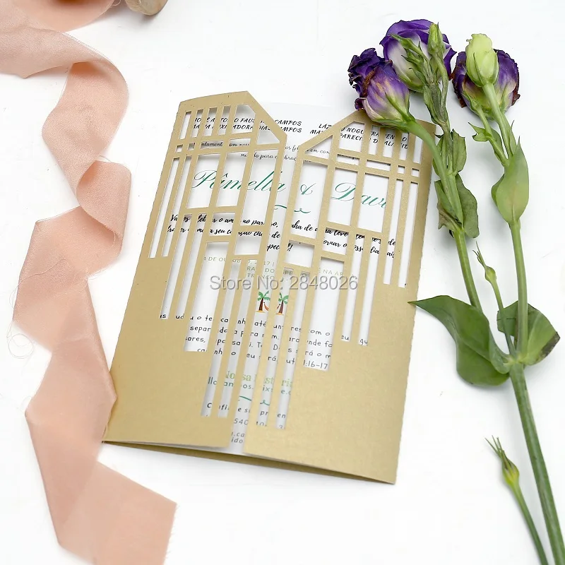 

Gold Gatefold Laser Cut Wedding Invitation,Great Gatsby style invitations, personalized gate folded cards