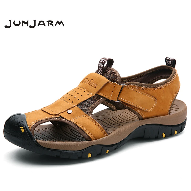 

JUNJARM Brand Men's Casual Shoes Genuine Leather Sandals Men Flip Flops Breather Slippers Summer Sapato Masculino 38-46