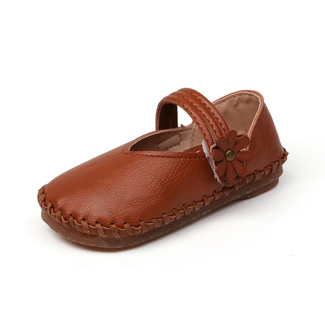 Girls Leather Shoes Toddlers Kids Soft Casual Flats With Floral Strap