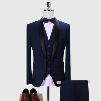 

New Arrival Customized Shawl Black Lapel Groom suit Wedding Best Men suits 3 Pieces (Jacket+Pants+Vest) Royal Blue man Suit