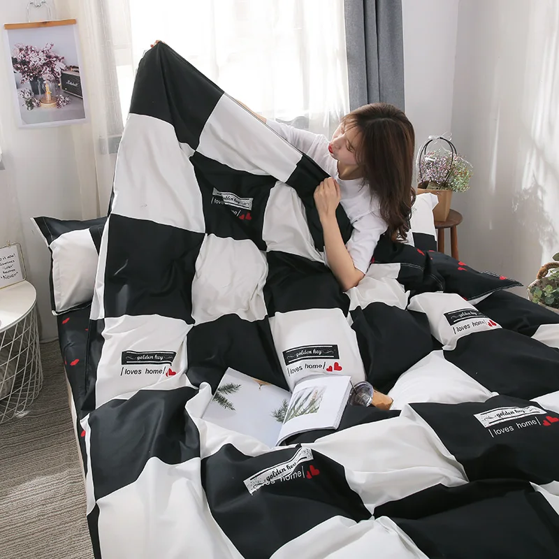 

Simple Classic Queen bedding set 5 size bed linen 4pcs set duvet cover set Pastoral bed sheet AB side duvet cover black