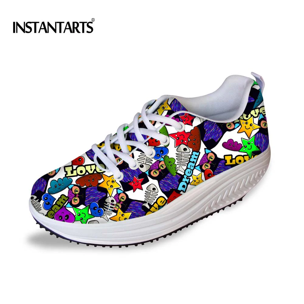 

INSTANTARTS Fashion Women Casual Slimming Swing Shoes Cartoon Pattern Flats Platform Shoes for Female Ladies Lace-up Sneakers