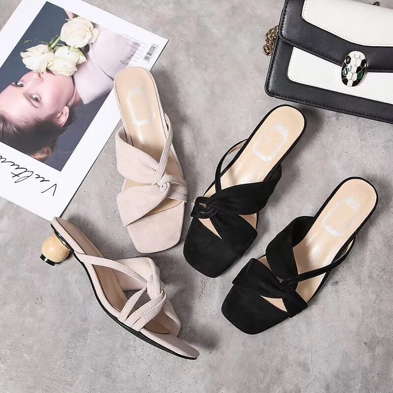 Kid Suede Upper Cross Band Leather Round Shape Strange Heel Sandals Female Summer New Open Toe Sandals Sexy Half Slippers