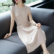 

2018 New Arrival Spring Casual A-line Solid Short sleeve Appliques Knee-length Regular Natural O-neck fashion women Dress M-XXL