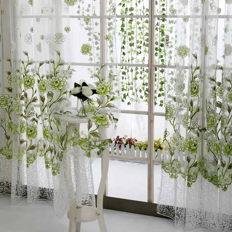 Flower Print Window Curtain Divider Tulle Voile Drape Panel Sheer Scarf Valances