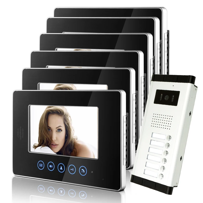 

Brand New Apartment Intercom 6 Monitor 7 inch LCD Touchkey Video Door Phone Doorbell intercom System for 6 house FREE SHIPPING