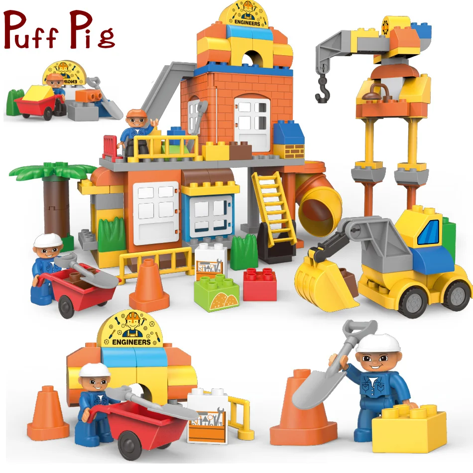 

128PCS Engineer Truck Wheeled Excavator Big Size Building Blocks Construction Set Compatible Legoed Duploe Figures Children Toys