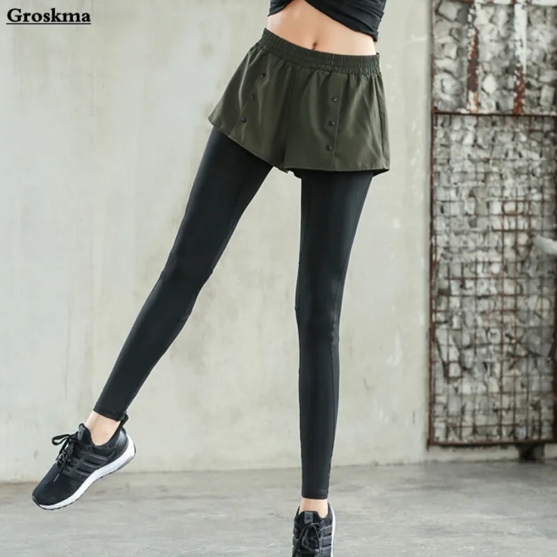 

Fake two pieces women jogging pants patchwork quick dry outdoor sports running leggings womens yoga fitness gym wear tights