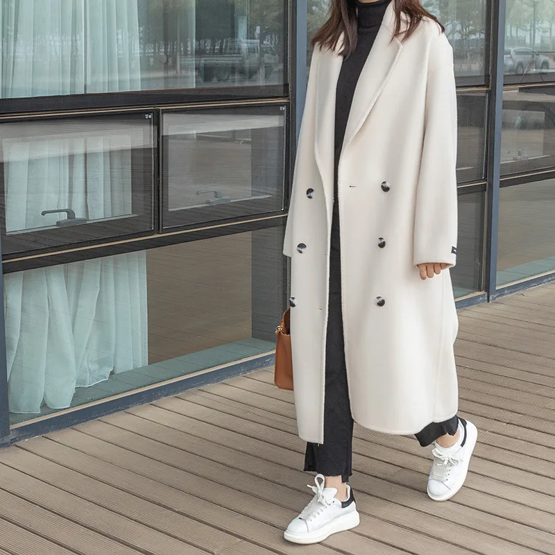 

Women's Coat 90% Wool+10% Cashmere Autumn Winter 2019 New Item Double Breasted Turn-down Collar Wide-waisted Long Ladies Coats
