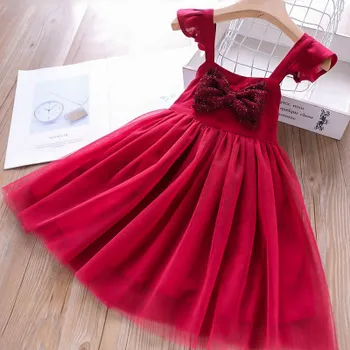 

Roimyal Wholesale 2019 summer 2-6 years old girl wine red big bow dress stitching mesh princess party dress free shipping
