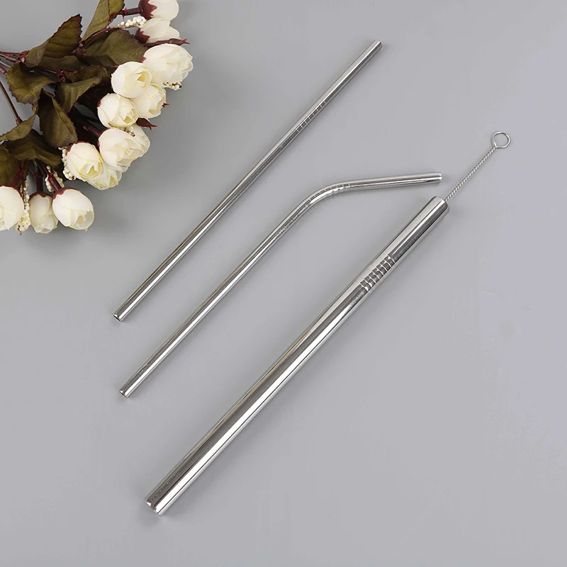 3 unids/lote de acero inoxidable Metal reutilizable paja pajas de beber + 1 Pc cepillo limpiador con bolsa