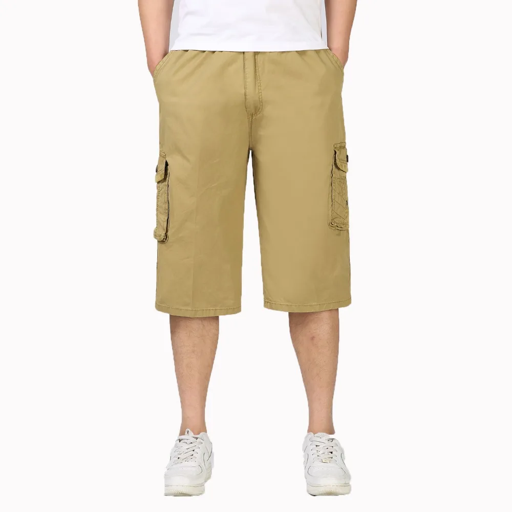 

Men Casual Cropped Cargo Pants Khaki Army Green Yellow Streetwear Male Leisure Elastic Waist Crop Trouser Man Daily Pant Spring