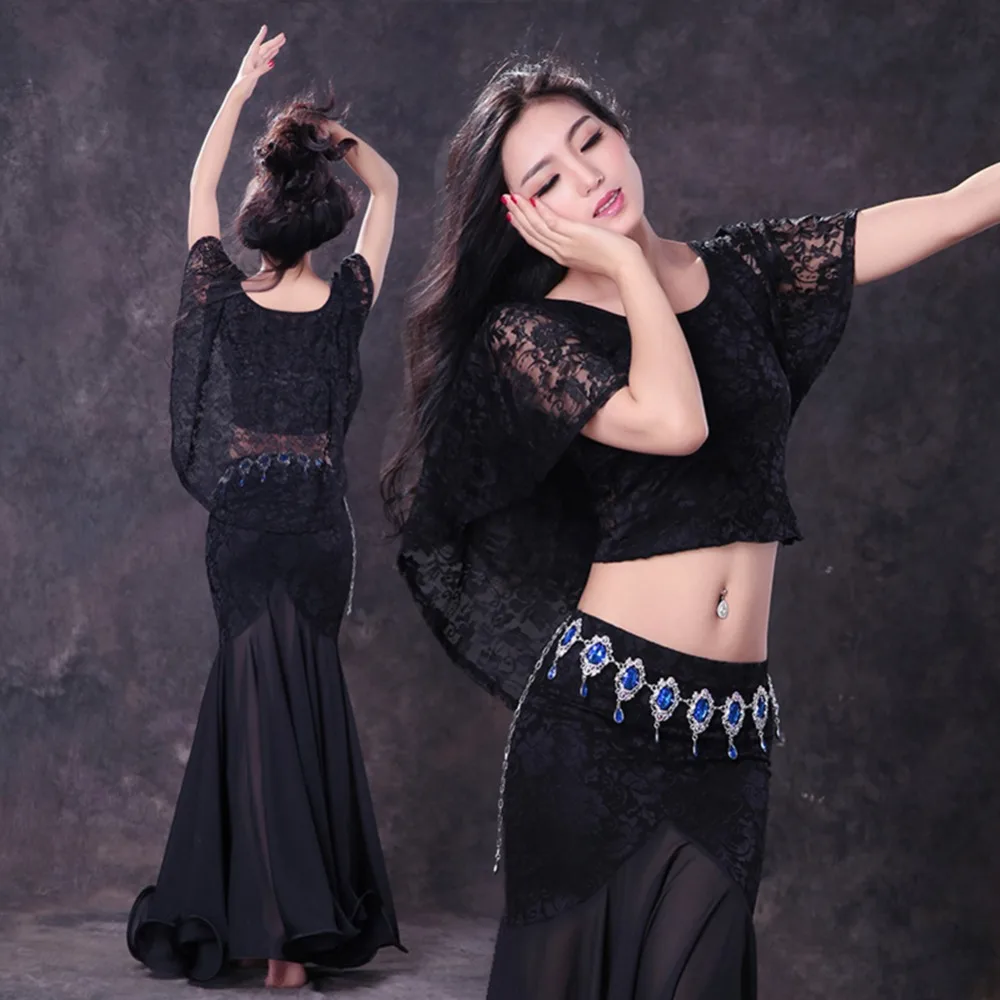 2018 New Women Bollywood Dance Costumes 2PCS(Top+Skirt) Chiffon Lace