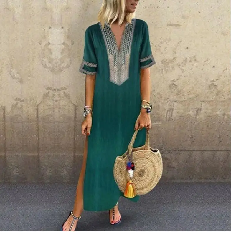 

Women’s Printed Sleeveless V-neck Maxi Dress Split Hem Baggy Kaftan Long Dress