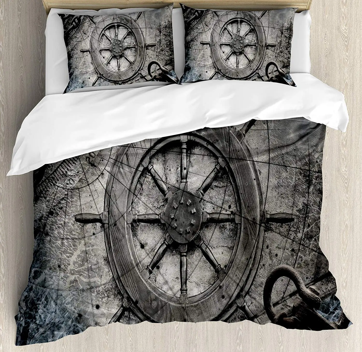 

Ships Wheel Duvet Cover Set King Size Retro Navigation Equipment with Steering Wheel Charts Anchor Chains Bedding Set Charcoal