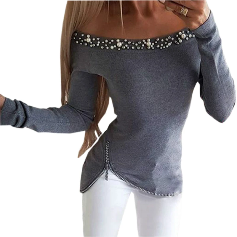 

Female Beading Shirt Fit Long Sleeve Spring New Design Zipper Blouses Women Slash Neck Solid Tops Off Shoulder Blusas PL0574M