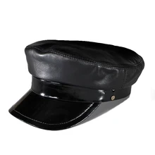Fashion Spring Real Leather Military Hat Winter Sailor Hat For Women Men Black flat top Girls Beret Boys Newsboy Cap