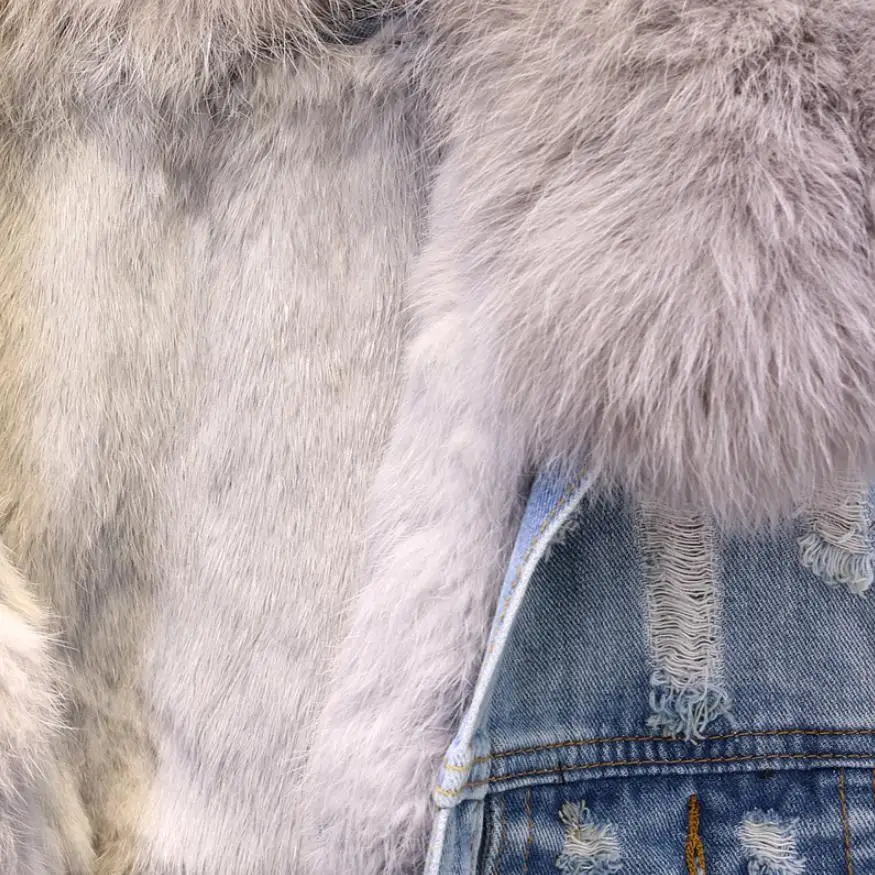 Best Winter Fashion Women Warm Coat Natural Fox Fur Collar+Real Rabbit Hair Liner Denim Jacket Female Th