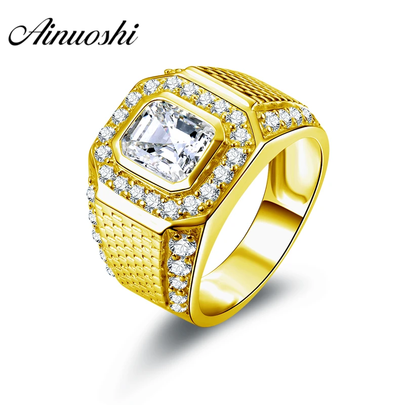

AINUOSHI Luxury 10K Solid Yellow Gold Men Ring Rectangle Halo Ring Engagement Wedding Male Jewelry 11.4g Generous Wedding Band