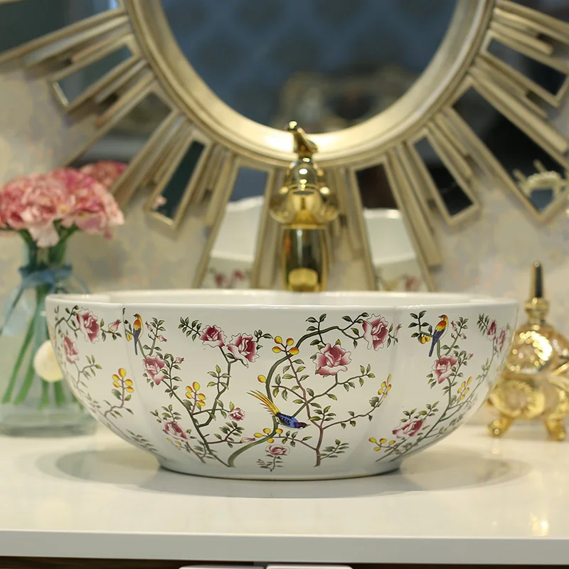 China Painting Peony and mandarin duck Ceramic Painting Art Lavabo Bathroom Vessel Sinks Round Countertop wash basin china (6)
