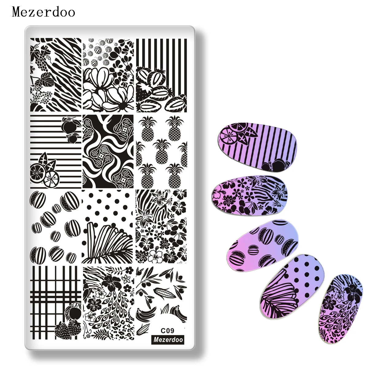 

Mezerdoo Fruit Leaf Pattern Stamping Plate Rectangle Nail Art Image Plate Pineapple Geometry Flower Design Stamp Template C09