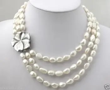 

Free shipping@@@@@3 rows Wedding / Banquet 8-9mm Natural White Cultured Pearl necklace Shell clasp