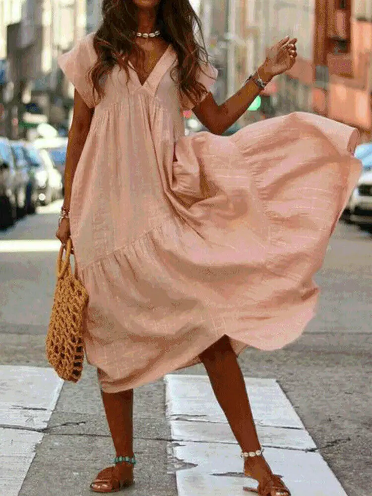 

2019 Summer Women Boho Holiday Short Sleeve Long Maxi Beach Sundress Party Dress Plain Vintage Casual Loose Pleated Dresses
