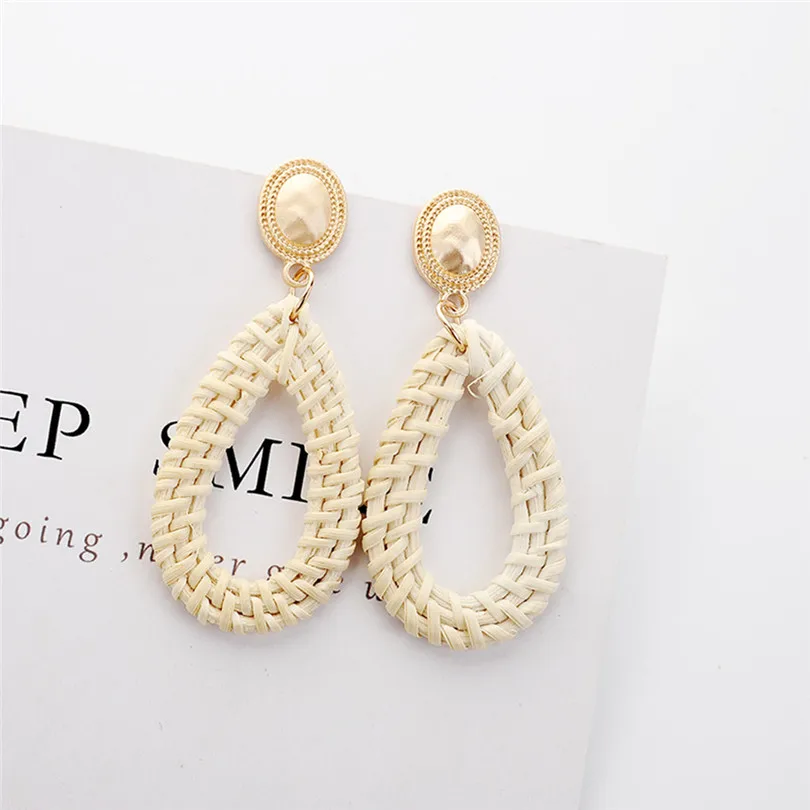 Fashion Women Girls Bohemian Retro Earrings Style Pearl Handmade Rattan Geometric Drop Ladies Jewelry #3E17 (2)