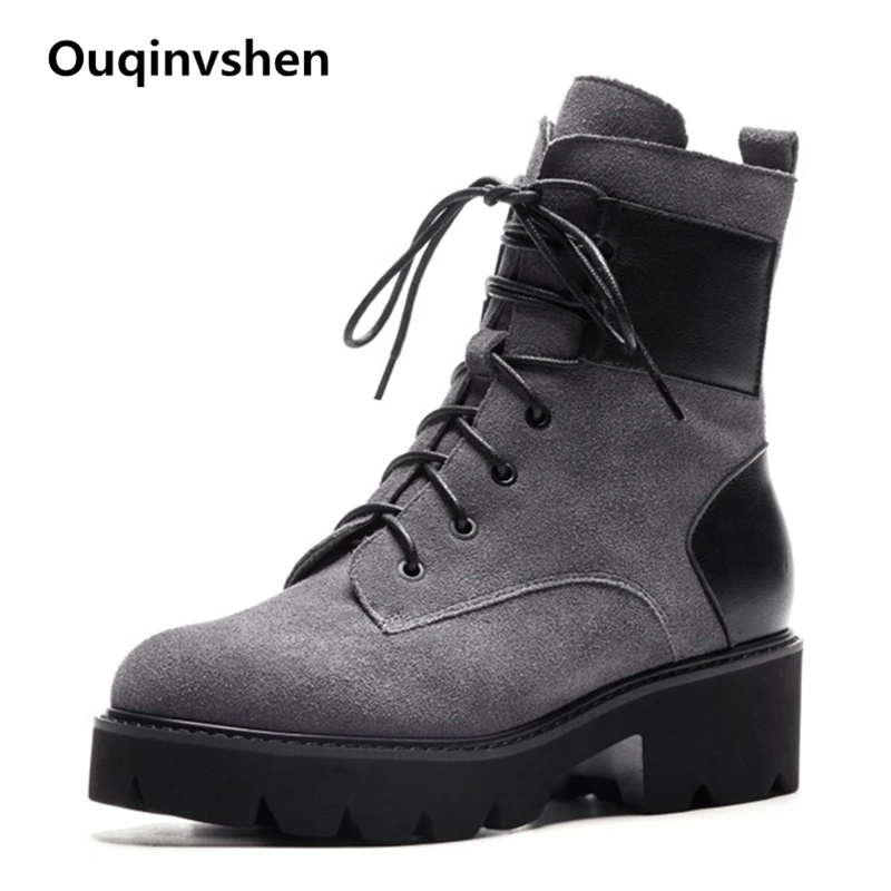 

Ouqinvshen Cross-tied Platform Boots Black Mixed Colors Cow Suede Casual Fashion Ankle Boots For Women Round Toe Boots Heels 5CM