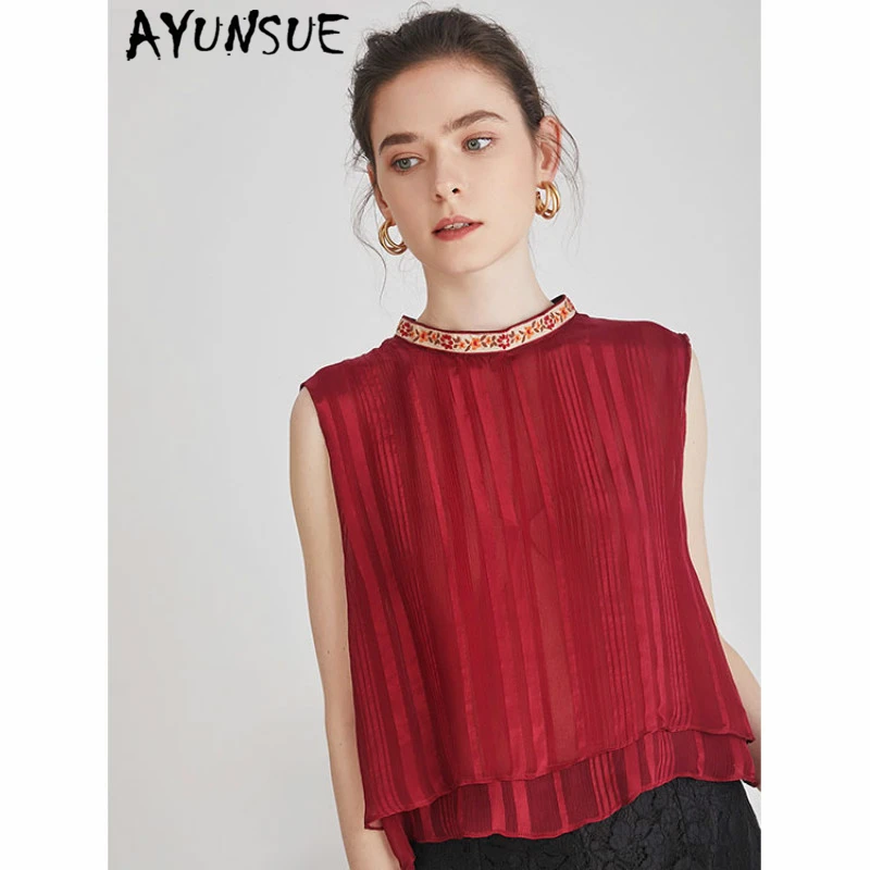 

AYUNSUE Summer Real Silk Tops blouse Women Clothes 2019 Casual Vintage Embroidery Mesh Female T-shirt Sleeveless Red Tank LW483