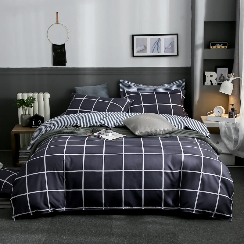 

Dark Blue White Plaid Pattern Bedding Set 5 Size Bed Linen 4Pcs Set Duvet Cover Set Pastoral Bed Sheet AB Side Duvet Cover Soft