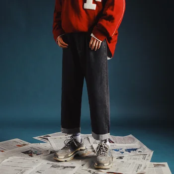 

2018 Korean Autumn Winter Newest Men's Fashion Denim Straight-leg Pants Loose Casual Black/Blue Color Male Cowboy Trousers S-XL