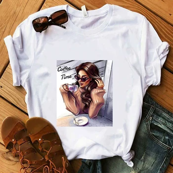 

Coffee Time Girl Drawing T-Shirt Summer Black White T-Shirt Lady Cotton Soft Tops But First Coffee Aesthetic Art Women Tees
