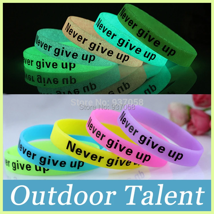 

Free Shipping Luminous Never Give Up Wristband Wrist Band Silicone bracelets & bangles Version 5-Colors 500pcs/lot