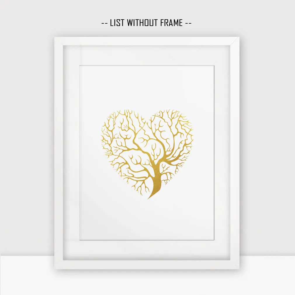 Love Hearts Gold Foil Wall Print Golden Tree Wall Hanging Print Golden