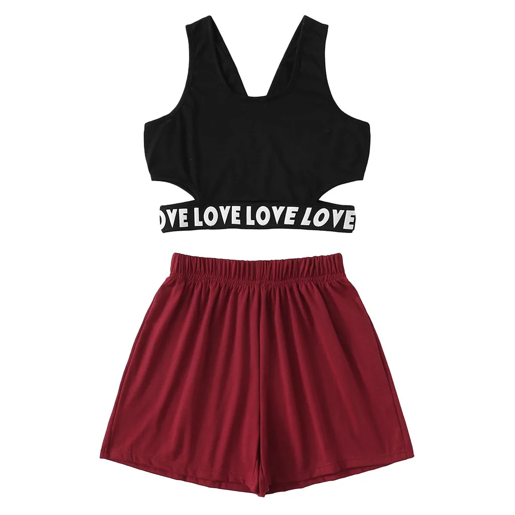 

JAYCOSIN Women Set Clothes Letter Print Two Piece Set Sleeveless O-Neck Vest Tops And Short Pants Summer Fashion Matching Sets