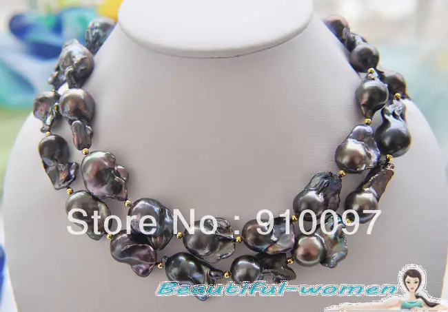 

free shipping >>>34" 28mm BLACK BAROQUE KESHI REBORN PEARL NECKLACE