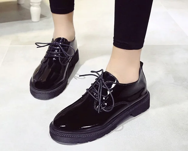 Zapatos de plataforma planos Oxford para mujer, mocasines de charol sin  cordones, en Punta, color negro, 2019 - AliExpress Calzado