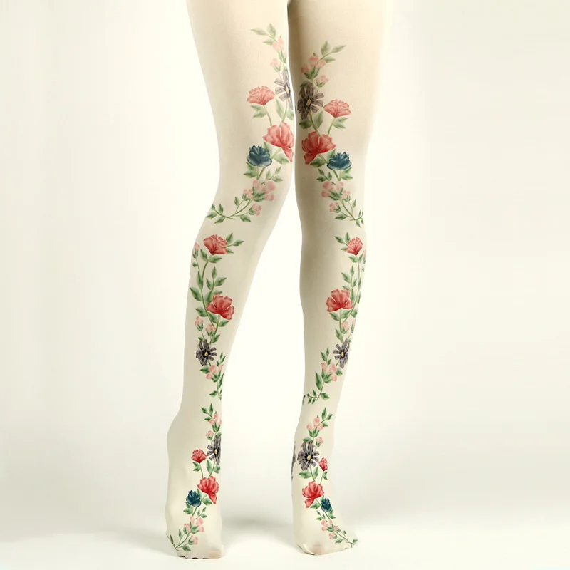 

Women's Flower Printed Vintage Garden Creamy-White Feminine Tights