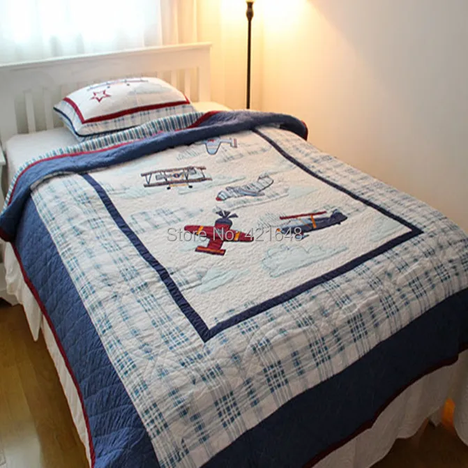 free shipping airplane kids handmade patchwork quilt bedspreads plane sheet set