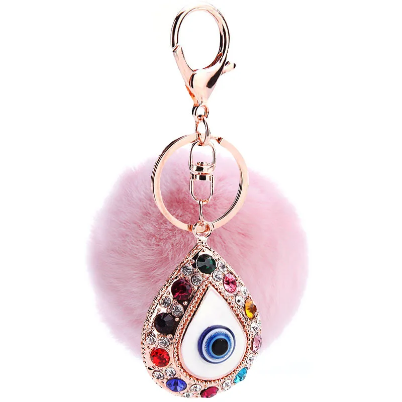 

2017 new trinket fake pompom keychain bunny keychains on bag rabbit fur Keychain fur pom pom charms for bags anime