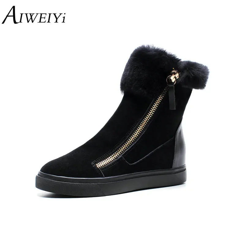 

AIWEIYi Genuine Leather Women Ankle Boots Black Flat Shoes Zip Ankle Boots Warm Fur Winter Snow Boots Short Boots Big Size 34-42