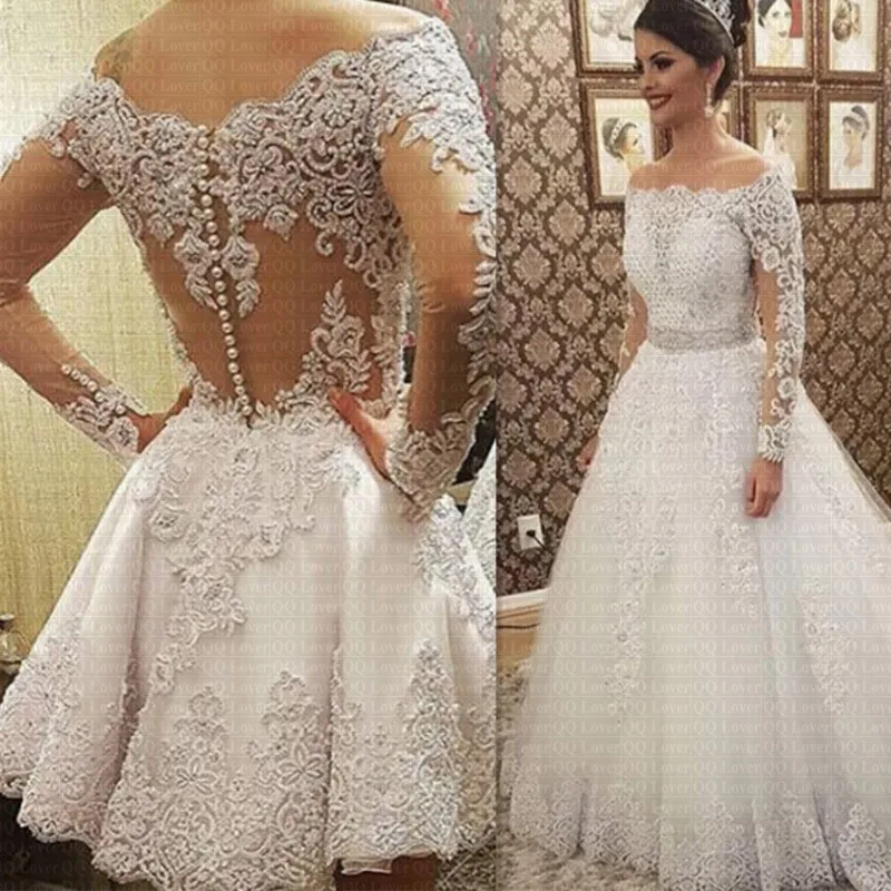 

2020 Vestido De Noiva Boat Neck Long Sleeves 2 in 1 Wedding Dress Heavy Pearls Luxury Bride Dress Robe De Mariee Bridal Gowns