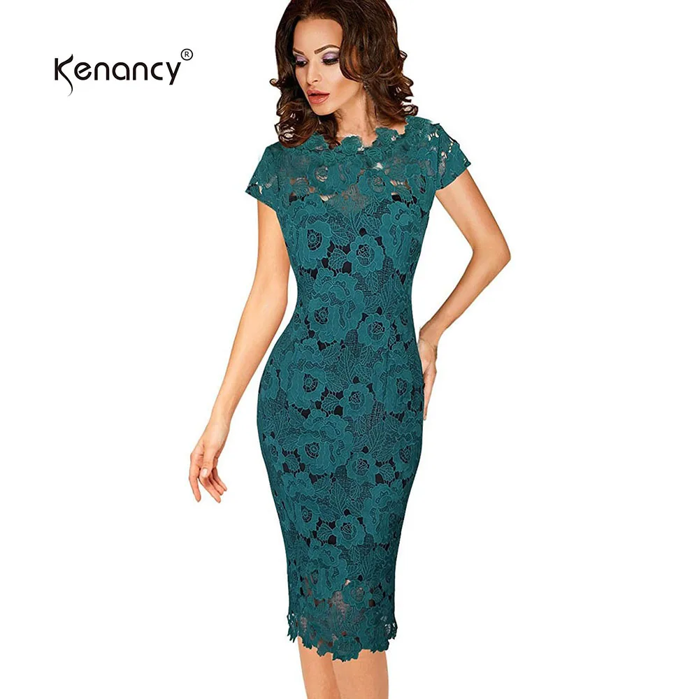 Kenancy Sexy Hollow Out Lace Dress Women Party & Office Elegant Sheath Bodycon Pencil Evening Vestidos With Lining 5 Colors