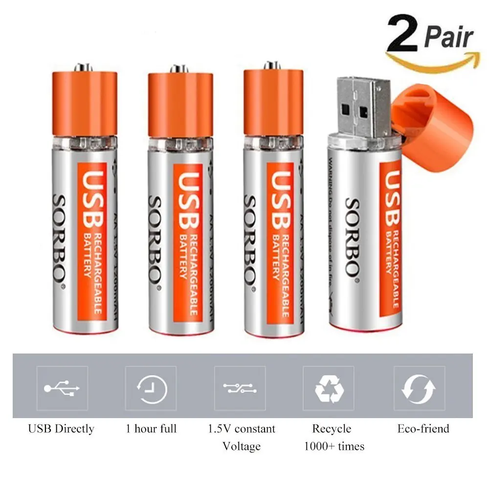 

4 PCS 1.5V 1200mAh USB Rechargeable 1 Hour Quick Charging AA Li-po Battery