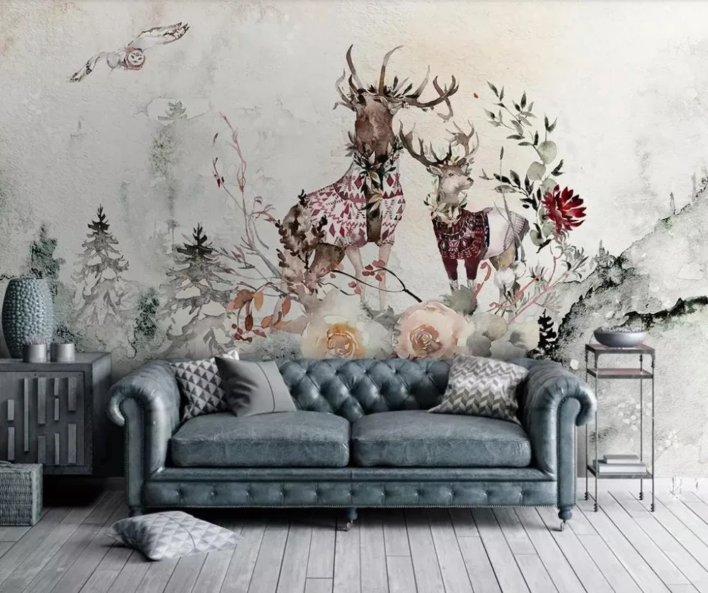

Customized 3d mural elk flower modern minimalist background wall decoration painting wallpaper mural photo wallpaper