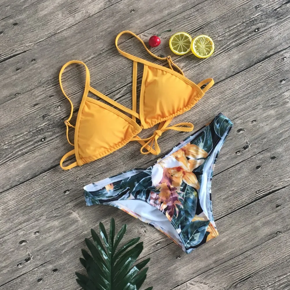 

Yellow Floral Bandeau Ruffled Bikini Sets Women Sweet Two Pieces Swimsuit 2019 Girl Boho Bathing Suits